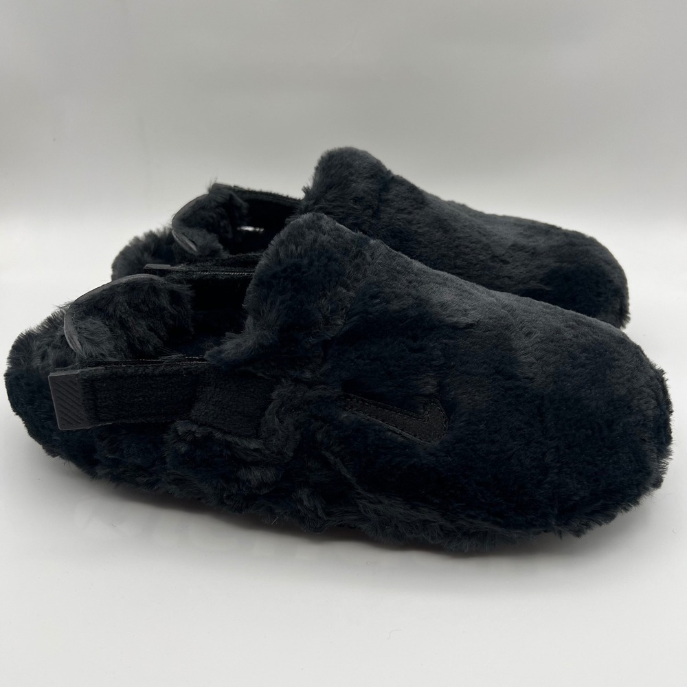 Nike Calm Fuzzy Slippers Womens 10 Black Solid Adjustable Strap Cozy Mules